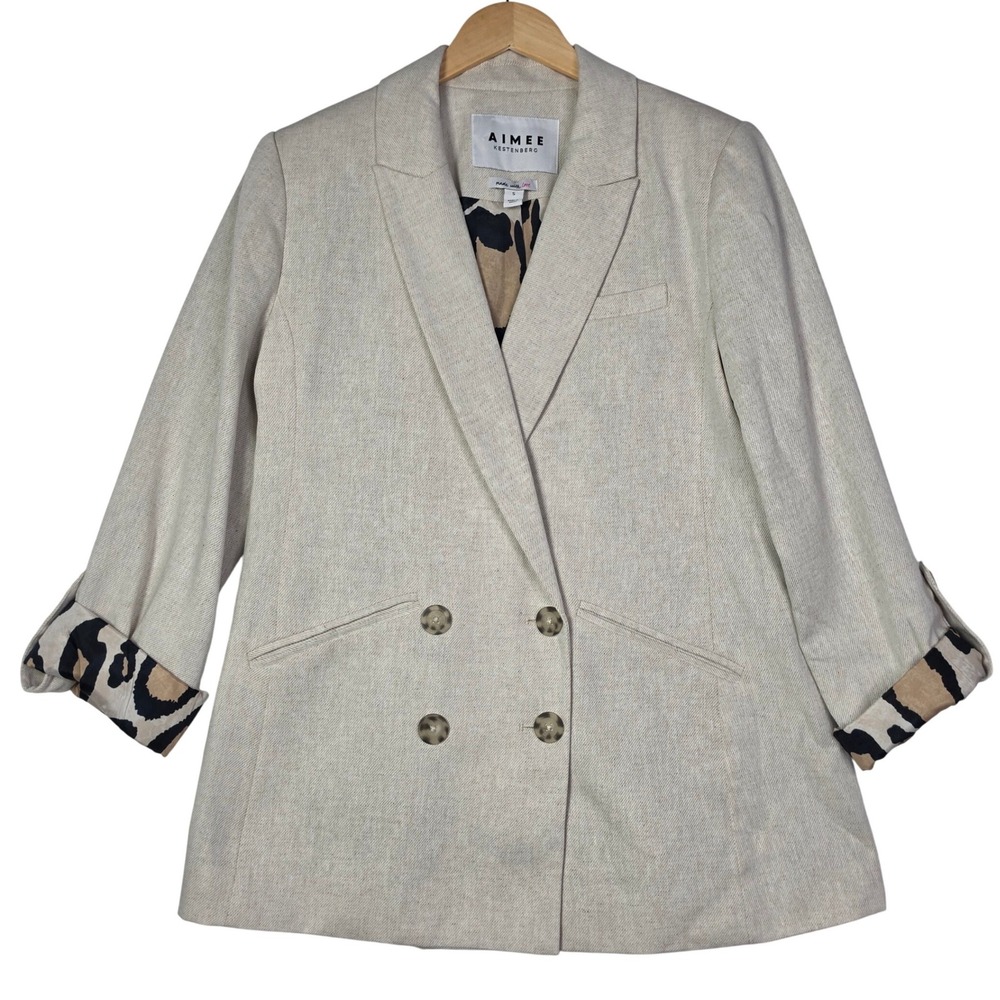Aimee Kestenberg Womens Blazer Small Beige Double Breasted Leopard Lining Chic